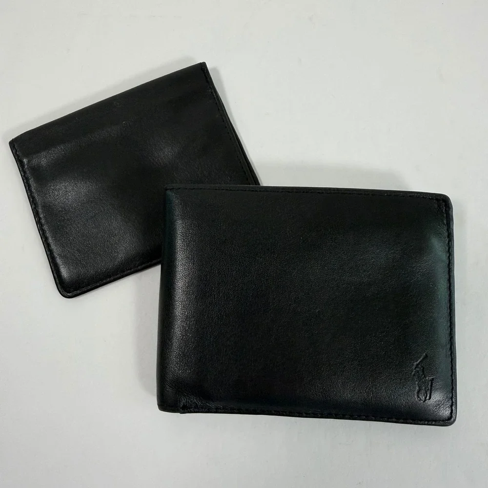 Polo Ralph Lauren Black Leather Bifold Wallet Removable ID Insert Card Holder